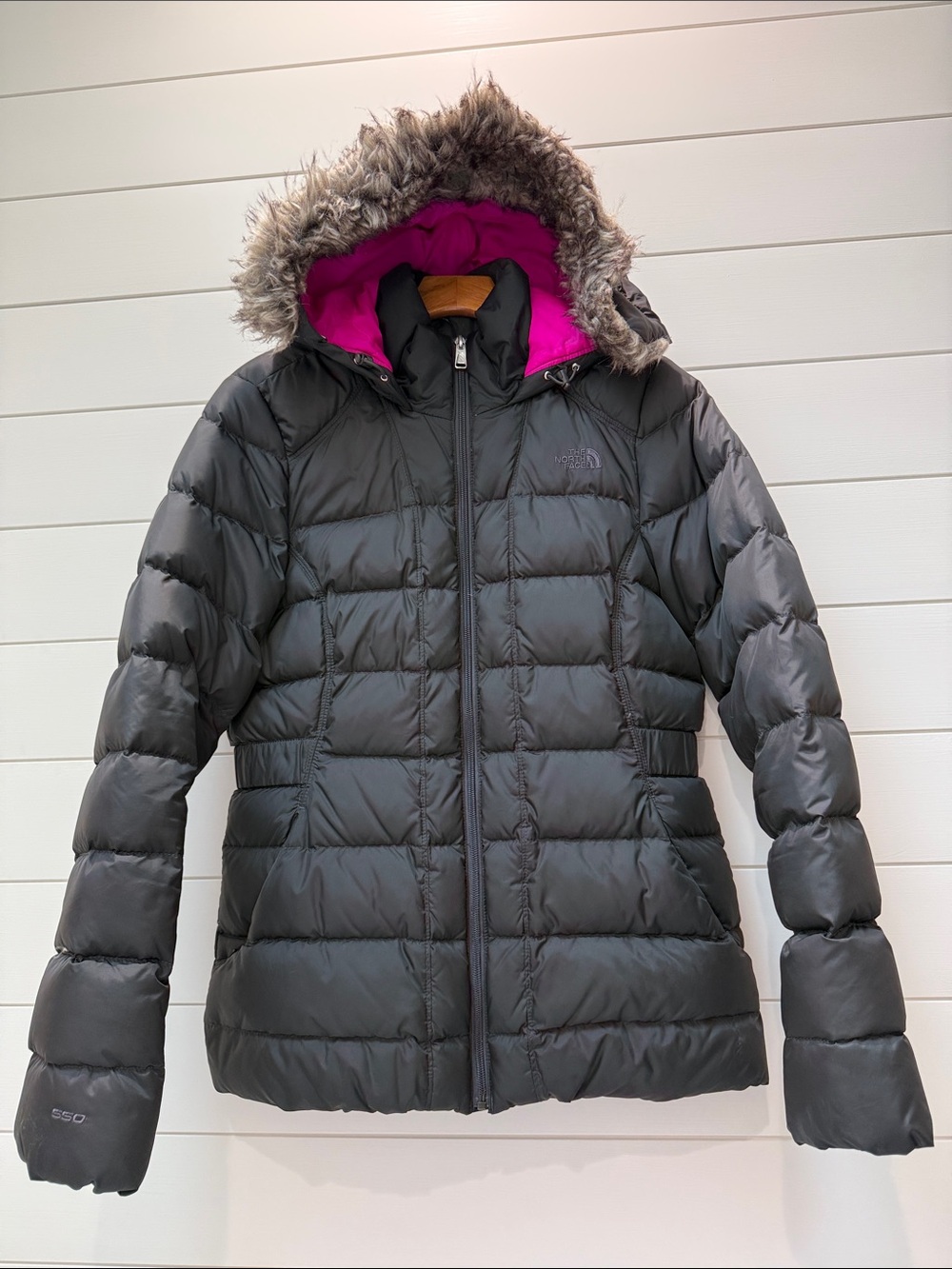 The North Face Women's Black Puffer Jacket with Pink Hood Lining